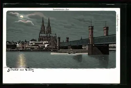 Lithographie Köln, Eisenbahnbrücke & Dom