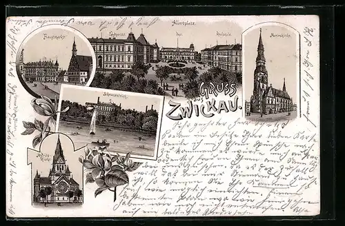 Lithographie Zwickau, Albertplatz aus der Vogelschau, Hauptmarkt, Schwanenteich & Marienkirche