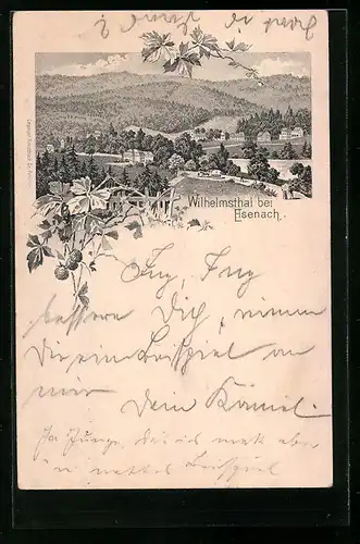 Lithographie Wilhelmsthal bei Eisenach, Blick auf die idyllische Landschaft