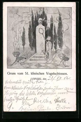 Künstler-AK Leipzig, 51. klinisches Vogelschiessen, Skelett mit Räucherschalen