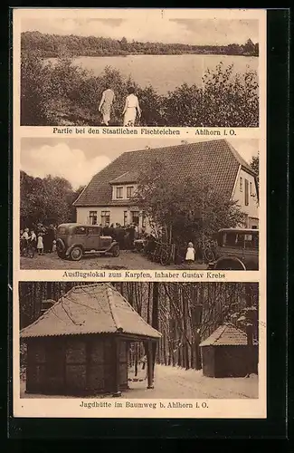 AK Ahlhorn i. O., Ausflugslokal zum Karpfen, Inh. Gustav Krebs, Jagdhütte im Baumweg
