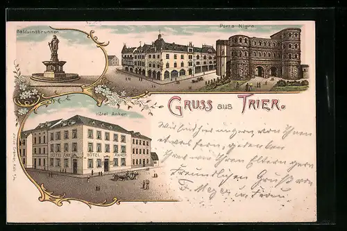 Lithographie Trier, Porta Nigra, Hotel Anker und Balduinsbrunnen
