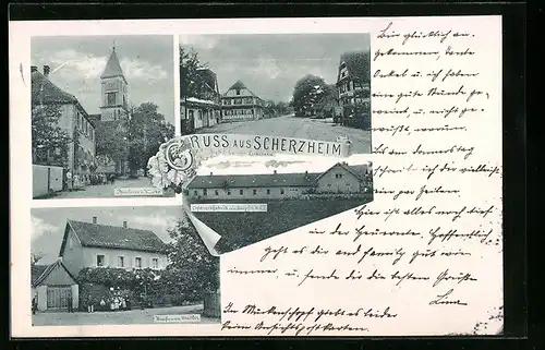 AK Scherzheim, Kaufmann Müller, Pfarrhaus m. Kirche u. Zigarrenfabrik von Zimpfer & Co