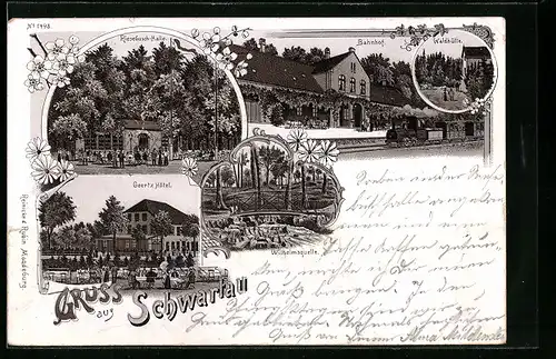 Lithographie Schwartau, Geertz Hotel, Riesebusch-Halle, Waldhütte