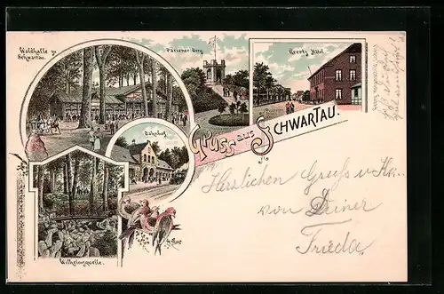 Lithographie Schwartau, Waldhalle, Bahnhof, Geertz Hotel, Wilhelmsquelle