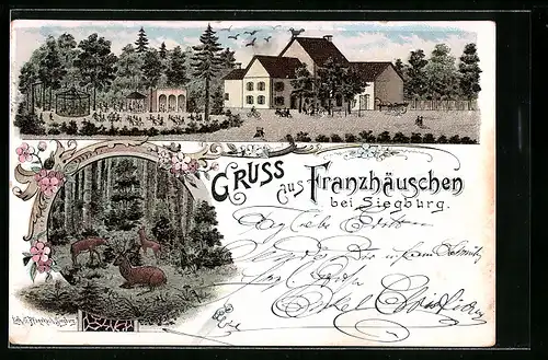 Lithographie Siegburg, Gasthaus Franzhäuschen mit idyllischer Waldpartie