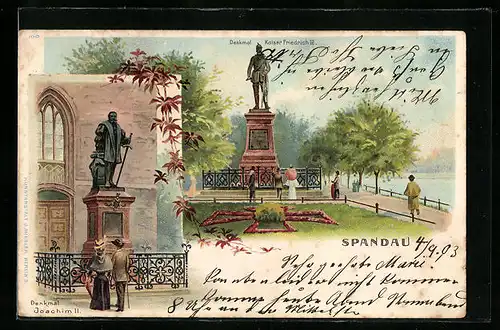 Lithographie Berlin-Spandau, Denkmal Joachim II., Denkmal Kaiser Friedrich III.