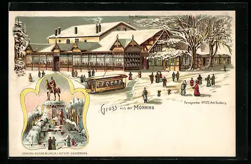 Winter-Lithographie Duisburg, Gasthaus Monning im Winter, Strassenbahn, Denkmal Kaiser Wilhelm I. auf dem Karlsberg