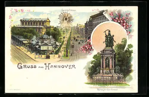 Sonnenschein-AK Hannover, Georgstrasse und Kriegerdenkmal