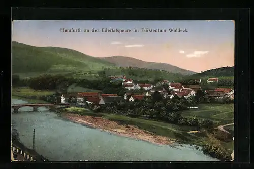 AK Hemfurth, Ortsansicht mit Flusspartie und Brücke