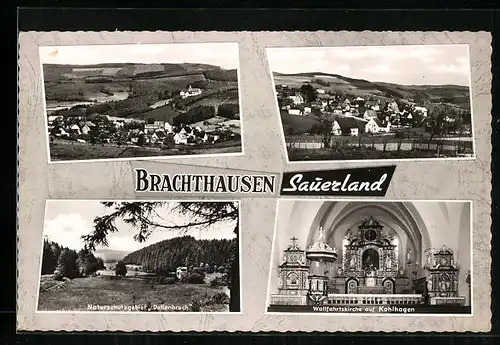 AK Brachthausen / Sauerland, Ortsansicht aus der Vogelschau, Naturschutzgebiet Dollenbruch, Wallfahrtskirche