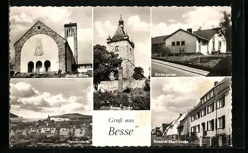 AK Besse, Katholische Kirche, Kindergarten, Friedrich-Ebert-Strasse, Evangelische Kirche und Ortsansicht