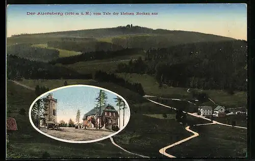 AK Auersberg, Ortsansicht vom Tale der kleinen Bockau aus gesehen
