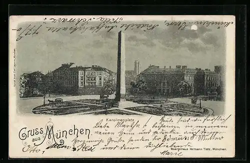 Mondschein-AK München, Karolinenplatz