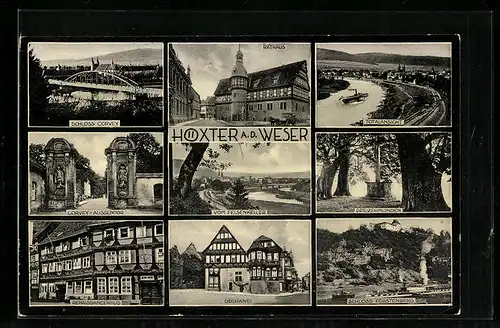 AK Höxter / Weser, Schloss Corvey, Renaissancehaus, Rathaus, Blick vom Felsenkeller, Schloss Fürstenberg