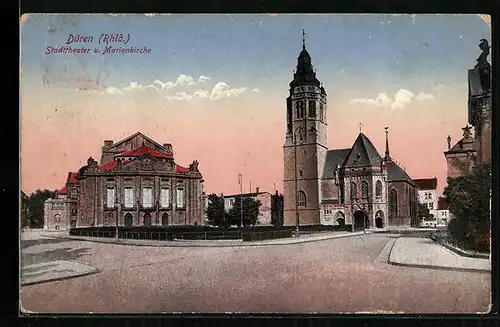 AK Düren / Rhld., Stadttheater und Marienkirche