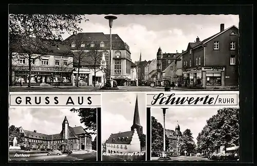 AK Schwerte / Ruhr, Postplatz, Rathaus, Altes Rathaus und evgl. Kirche, Strassenpartie