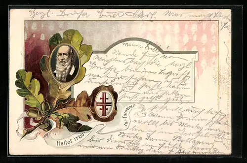 Präge-AK Turnvater Jahn im Porträt mit Eichenlaub, Haltet treu zur Turnerei!