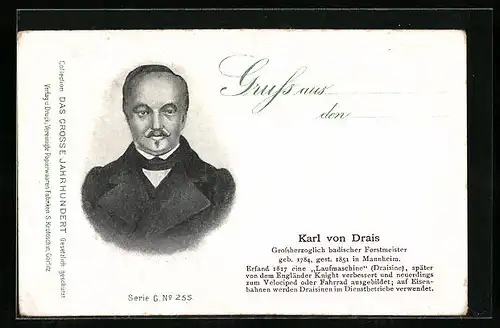 AK Grossherzogl. badischer Forstmeister Karl von Drais im Porträt, Erfinder der Laufmaschine (Draisine)