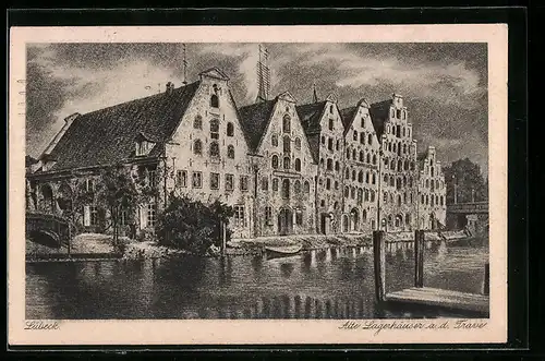 AK Lübeck, alte Lagerhäuser a. d. Trave
