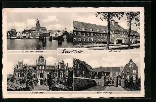 AK Leer in Ostfriesland, Partie am Hafen, die Evenburg, vor der Haneburg, die Kaserne