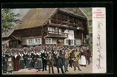 AK Peterzell, die Schappelhochzeit in Trachten im Schwarzwald