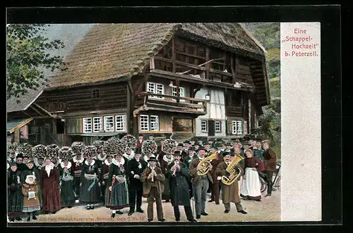AK Peterzell, Schappelhochzeit in Trachten im Schwarzwald