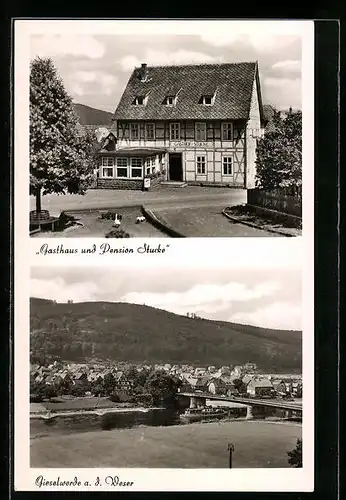 AK Gieselwerder, Ortsansicht mit Gasthaus u. Pension Stucke