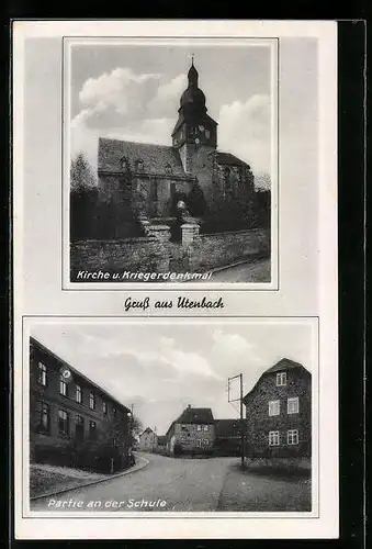 AK Utenbach, Kirche und Kriegerdenkmal, Strassenpartie an der Schule,