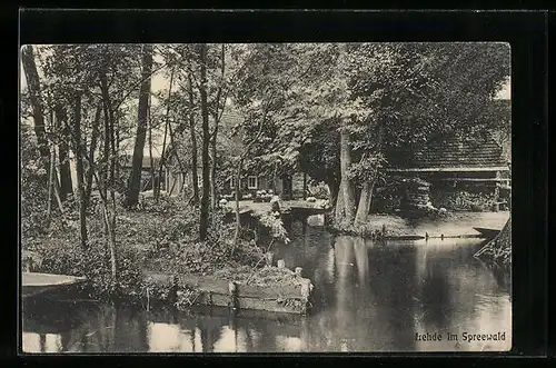 AK Lehde / Spreewald, Flusspartie mit Häusern