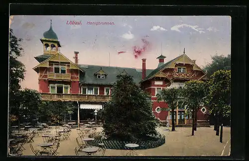 AK Löbau, Gasthaus Honigbrunnen mit Terrasse