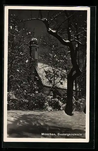 AK München, am Gasteigkirchlein im Schnee