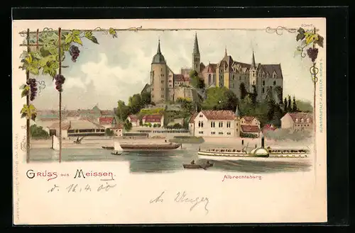 Lithographie Meissen, Ortsblick zur Albrechtsburg