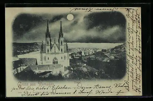 Mondschein-AK Remagen, Totalansicht im Vollmondlicht