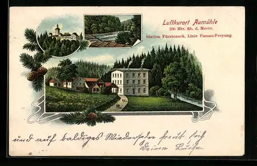 Lithographie Aumühle b. Fürsteneck, Ortsansicht mit Tannenzweigen
