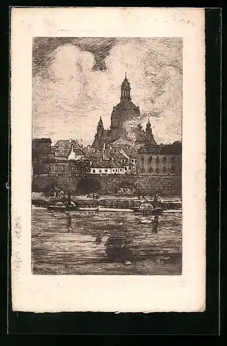 Künstler-AK Dresden, Altstadt mit Frauenkirche