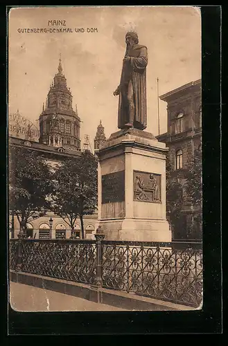 AK Mainz, Gutenbergdenkmal und Dom