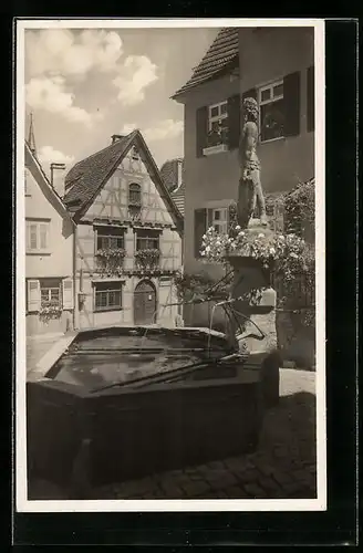 AK Marbach, Schillers Geburtshaus, im Vordergrund der altertümliche Brunnen mit dem Wilden Mann