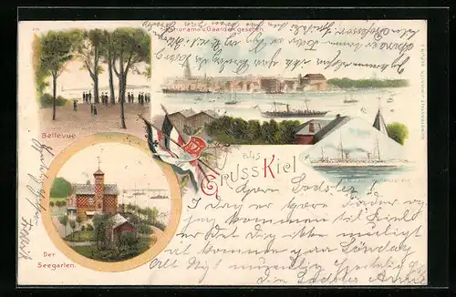 Lithographie Kiel, Panorama v. Gaarden gesehen, Bellevue, der Seegarten, S. M. Yacht Hohenzollern