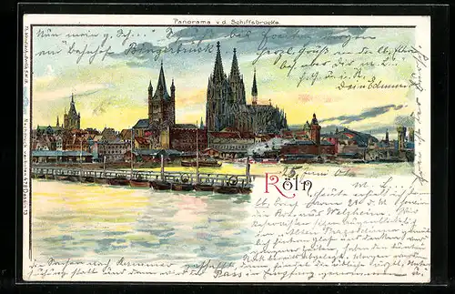 Lithographie Köln, Panorama v. d. Schiffsbrücke