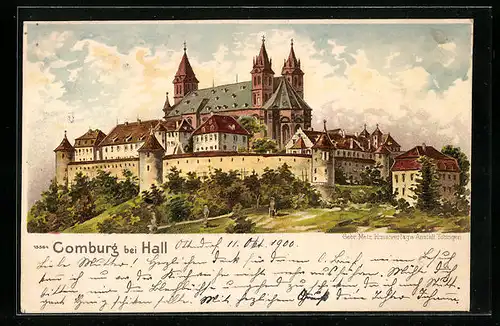 Lithographie Comburg bei Hall, Blick auf die Burg
