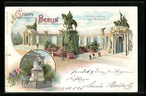 Lithographie Berlin, Denkmal der Kaiserin und Kaiser Wilhelm I.