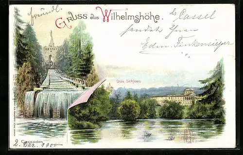 Lithographie Kassel-Wilhelmshöhe, Schloss, Cascaden