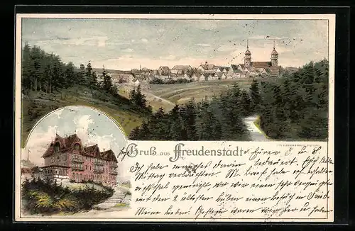 Lithographie Freudenstadt, Ortsansicht und herrschaftliches Gebäude