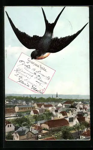 AK Heide, Ortsansicht aus der Vogelschau mit Schwalbe