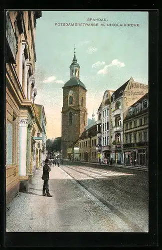 AK Spandau, Potsdamerstrasse mit Nikolaikirche
