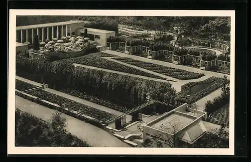 AK Essen, Ausstellung Gruga 1929, Blick vom Radioturm über Begoniengarten, Rosenanlage und Rosencafé