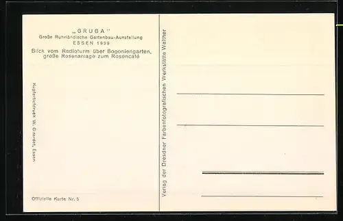 AK Essen, Ausstellung Gruga 1929, Blick vom Radioturm über Begoniengarten, Rosenanlage und Rosencafé