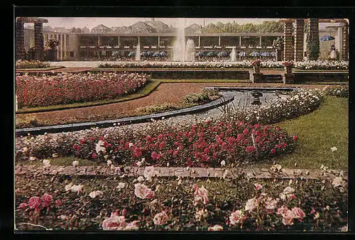 AK Essen, GRUGA Grosse Ruhrländische Gartenbau-Ausstellung 1929, Blick vom Pergolagarten nach den Gaststätten