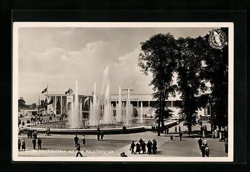 AK Düsseldorf-Schlageterstadt, Grosse Reichsausstellung Schaffendes Volk 1937, Leuchtfontäne auf dem Hauptfestplatz